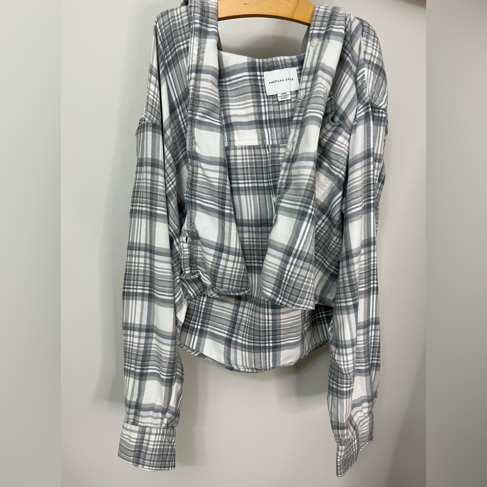 AE cropped hooded distressed flannel shirt